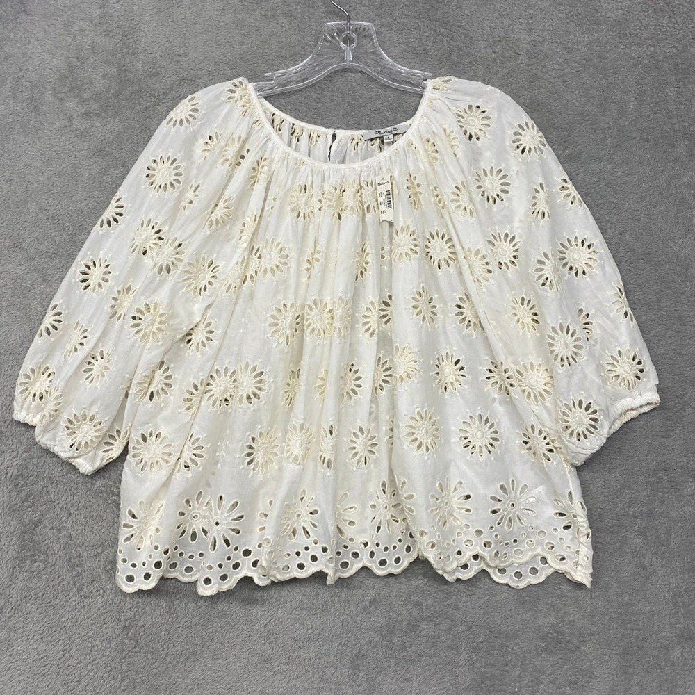 Madewell Top Womens Small Embroidered Shirred Puff Sleeve Eyelet Cream NV195 - Picture 7 of 9